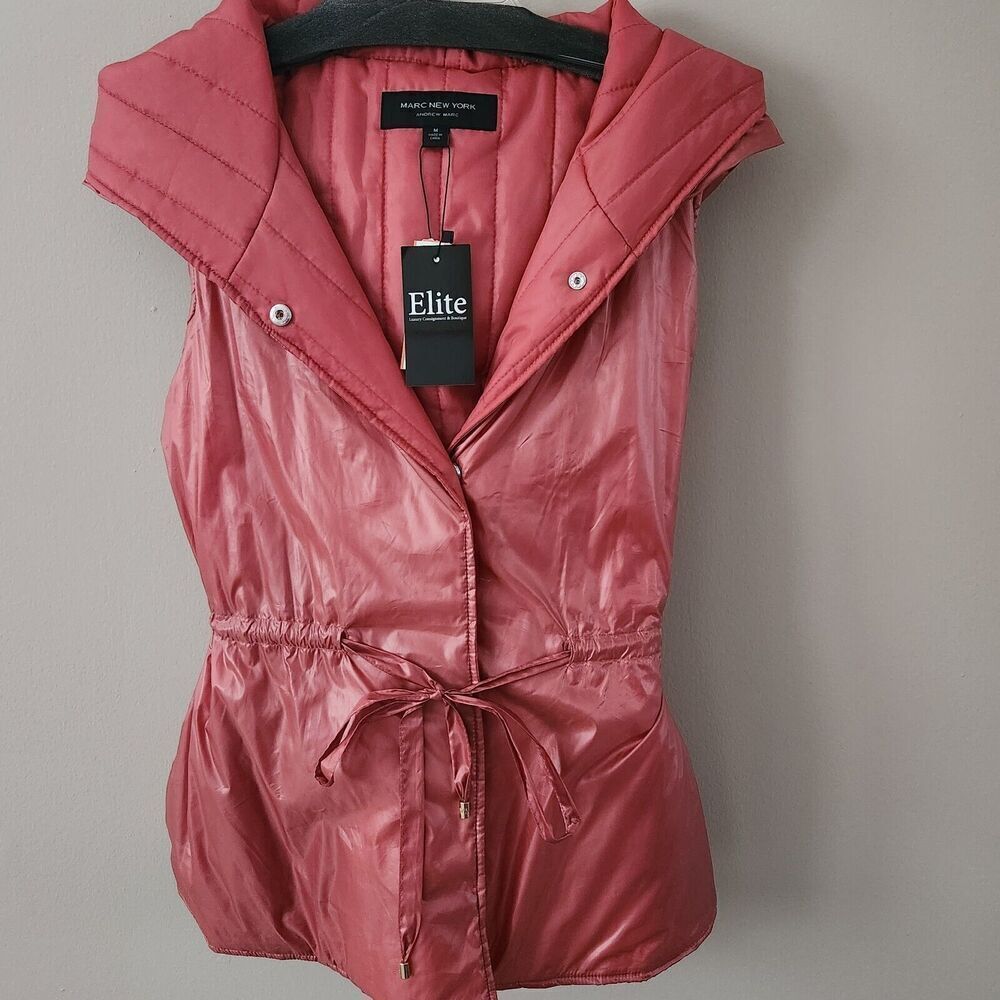 Marc New York Vest Women's Sz M Coral Pink Puffer Hooded Drawstring Waist